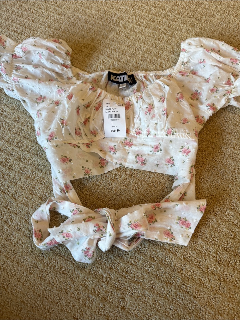 Tweens Floral Tie-Front Puff Sleeve Crop Top in Cream with Pink Roses